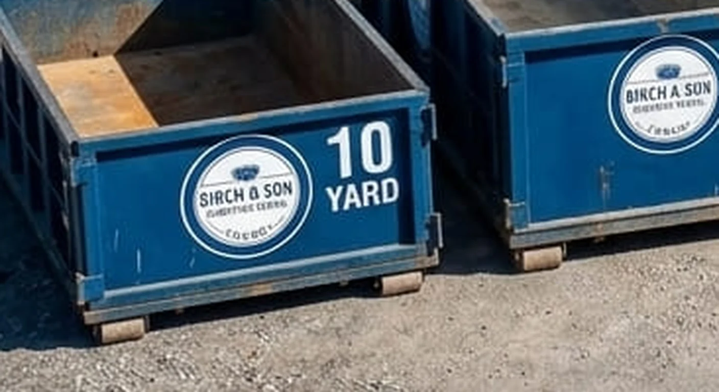 A clean, correctly-labeled 10 yard Birch & Son Dumpster Rental Conroe roll-off container staged at the company yard, part of a five-container size lineup