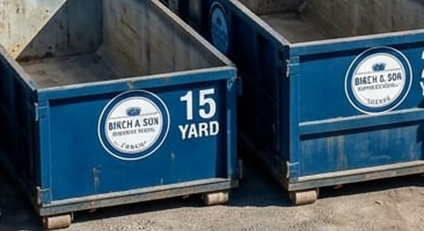 A clean, correctly-labeled 15 yard Birch & Son Dumpster Rental Conroe roll-off container staged at the company yard, part of a five-container size lineup