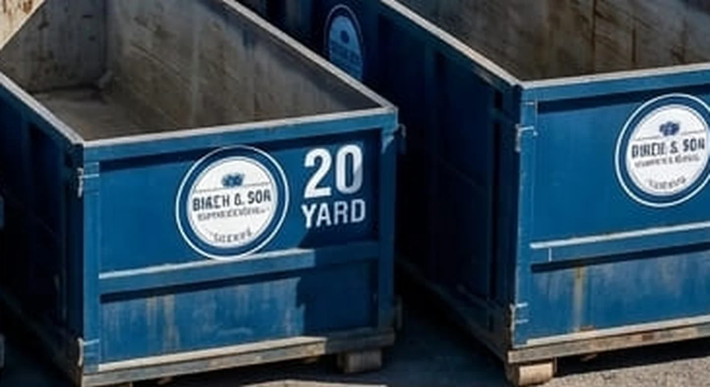 A clean, correctly-labeled 20 yard Birch & Son Dumpster Rental Conroe roll-off container staged at the company yard, part of a five-container size lineup