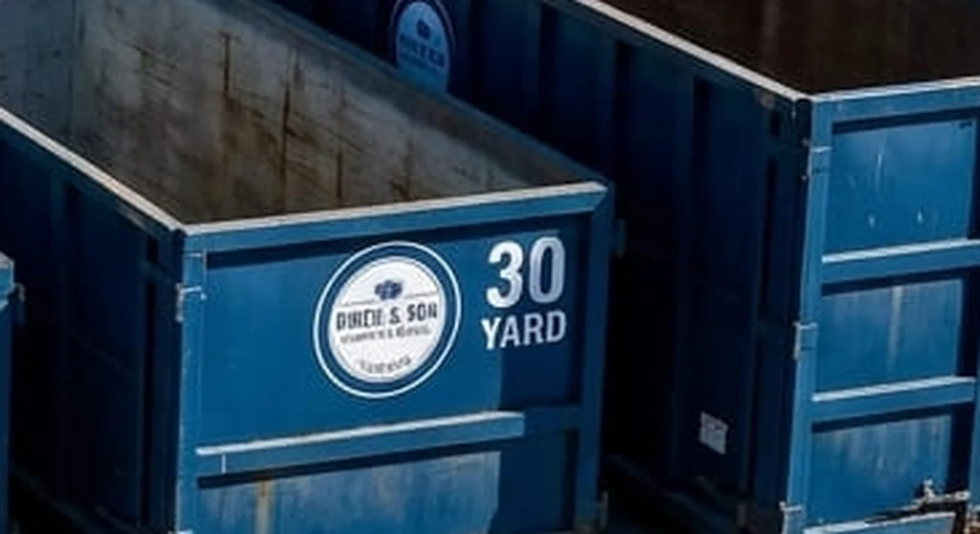 A clean, correctly-labeled 30 yard Birch & Son Dumpster Rental Conroe roll-off container staged at the company yard, part of a five-container size lineup