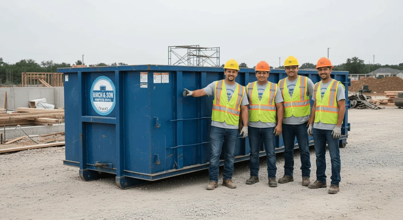 Commercial Dumpster Rental in Conroe, TX Birch & Son Dumpster Rental Conroe staff talking together at the company yard, with branded trucks and containers behind them