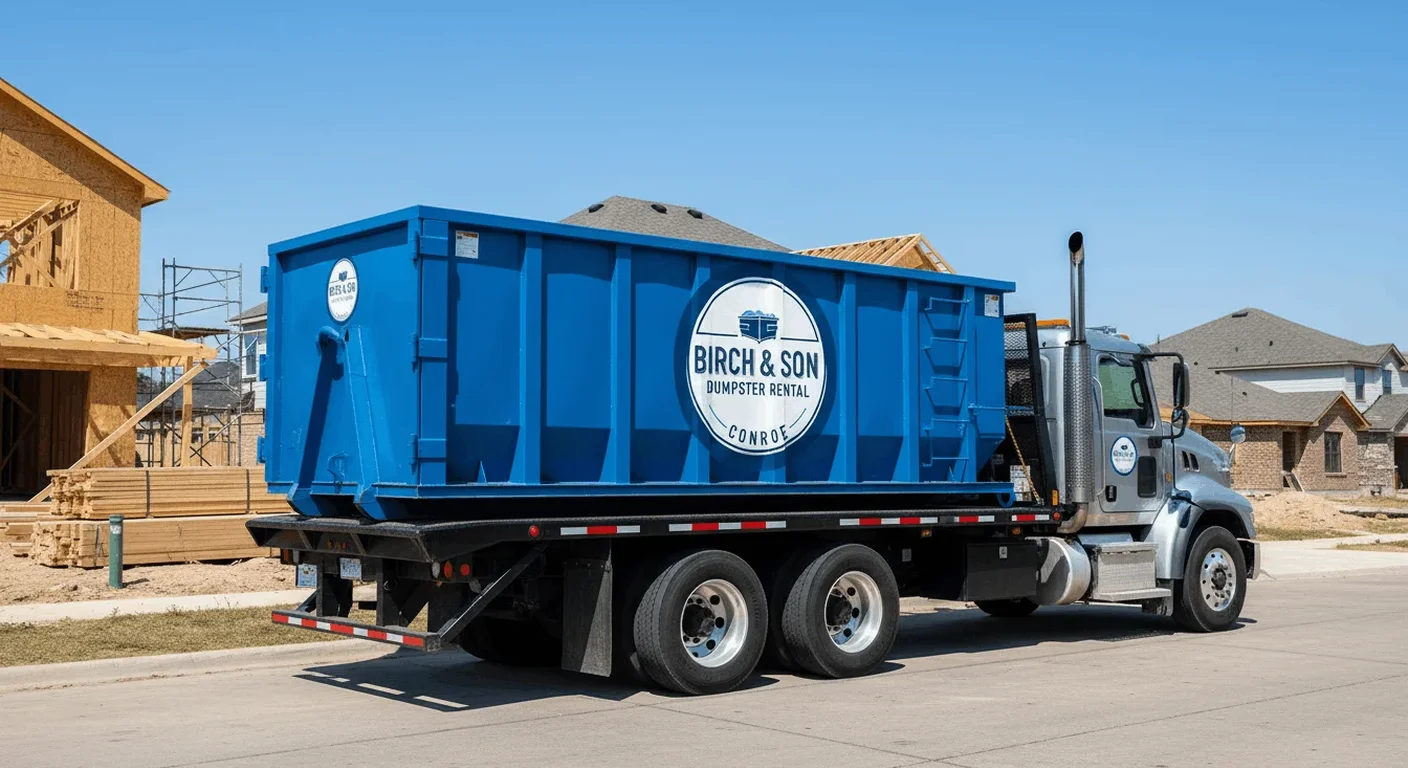 A Birch & Son Dumpster Rental Conroe blue dumpster truck delivering a roll-off container to a new-construction job site