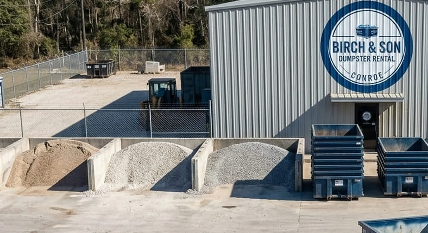 The Birch & Son Dumpster Rental Conroe yard, with rows of blue roll-off containers, aggregate piles and trucks staged for dispatch