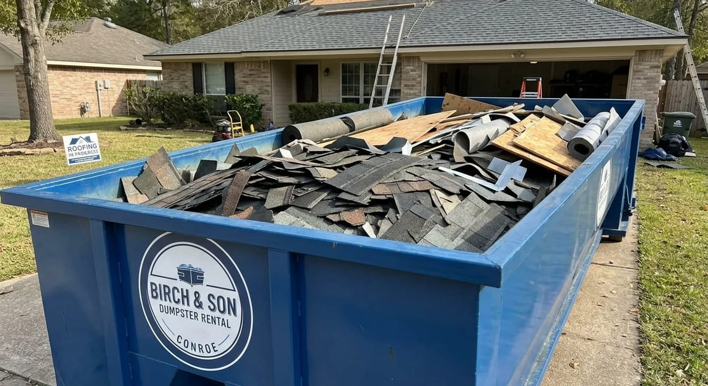 A Birch & Son Dumpster Rental Conroe dumpster filled with real roofing tear-off debris in front of a home
