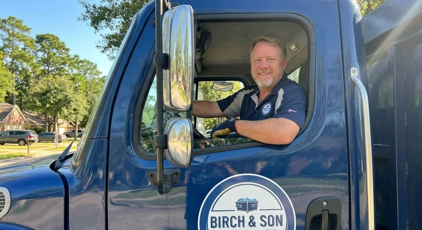 A Birch & Son Dumpster Rental Conroe driver smiling from the cab of a delivery truck on a residential street
