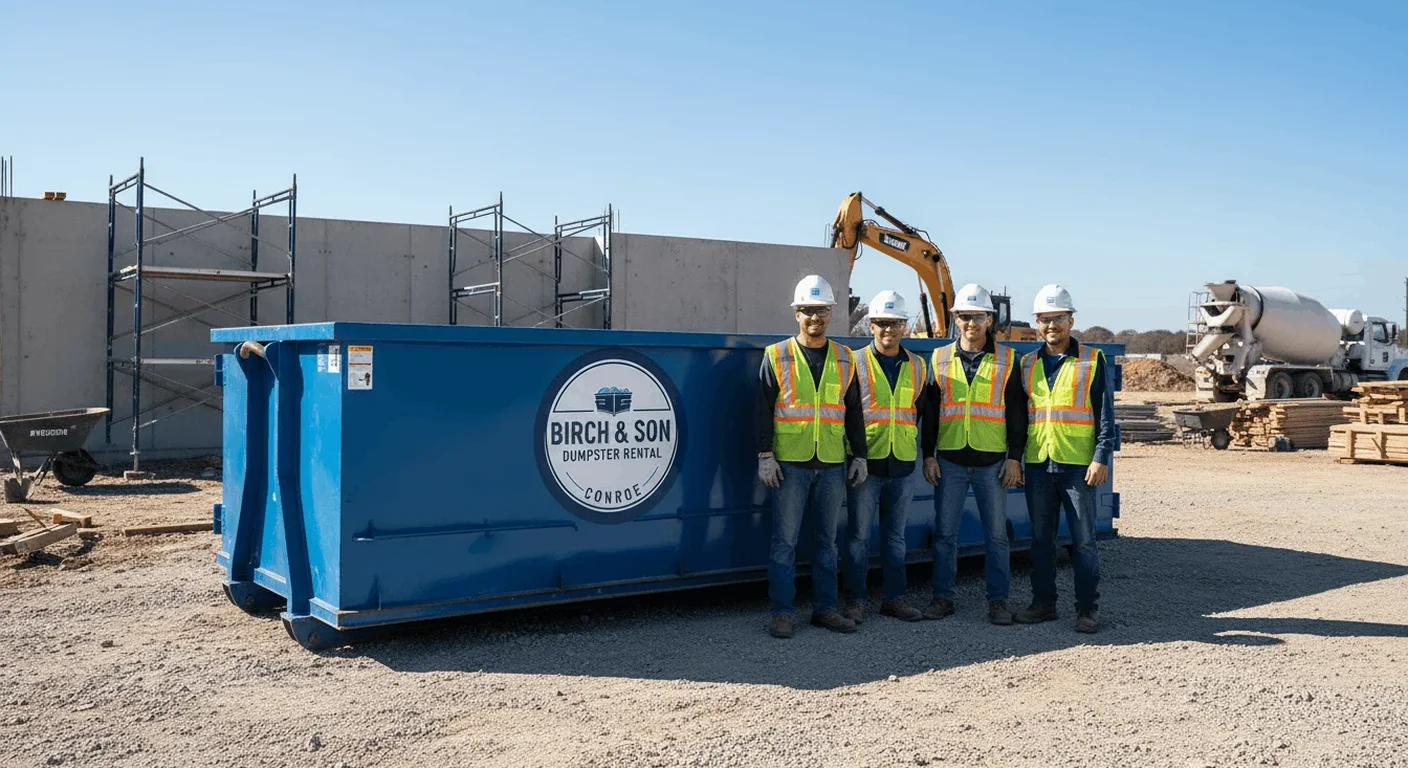 Members of the Birch & Son Dumpster Rental Conroe crew standing together at the company yard beside a branded roll-off truck