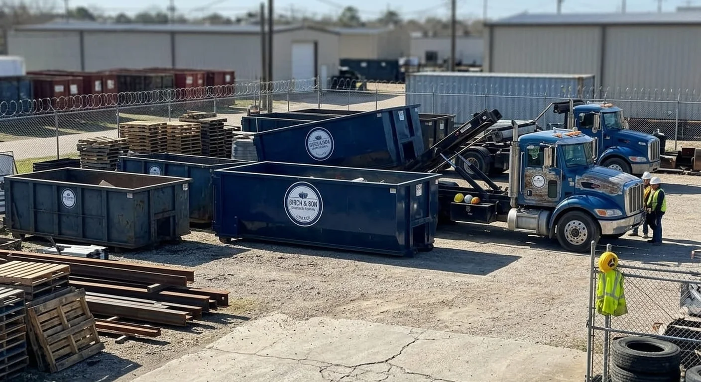 The Birch & Son Dumpster Rental Conroe yard, with rows of blue roll-off containers and delivery trucks staged behind the fence