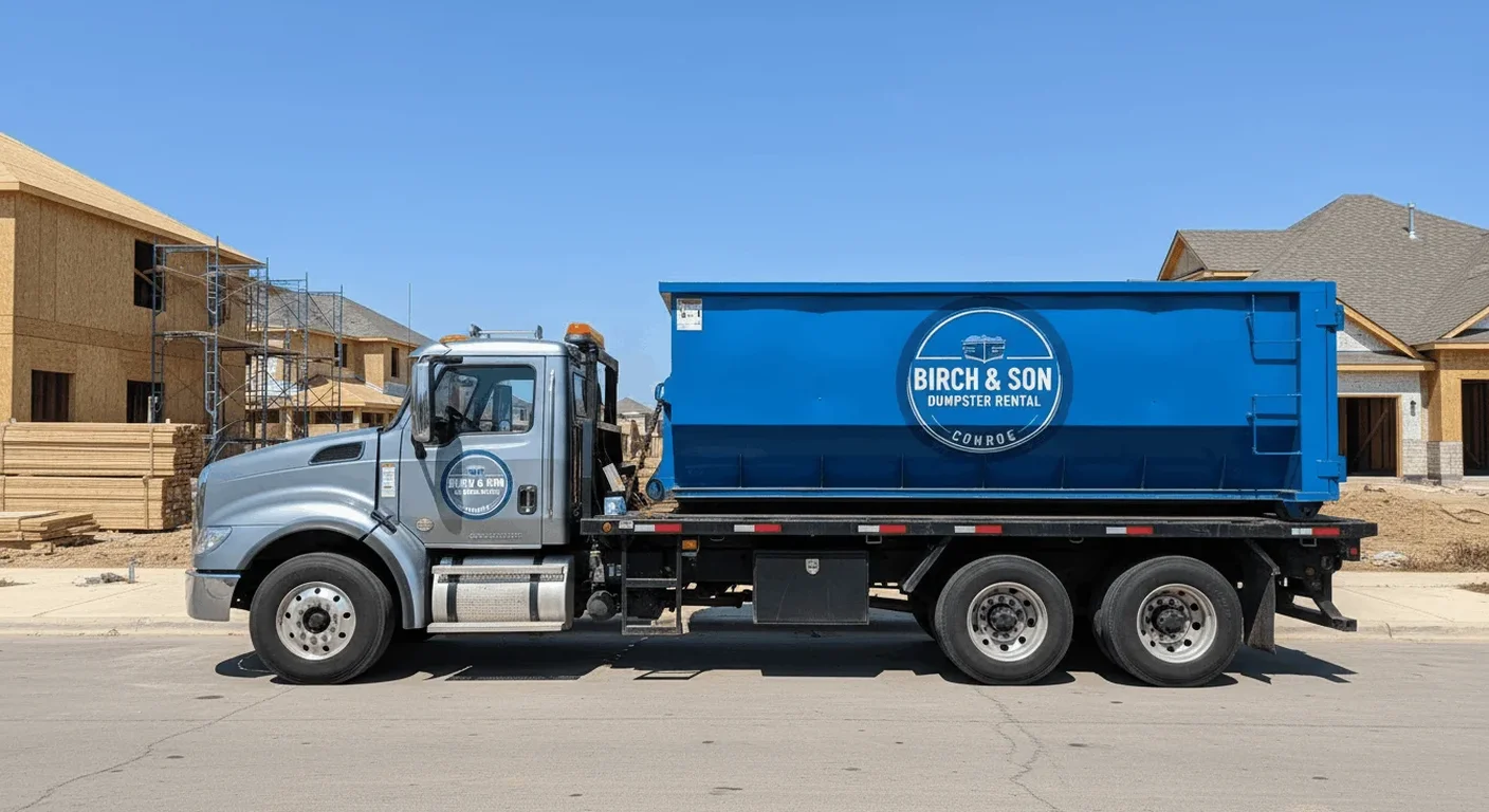 A Birch & Son Dumpster Rental Conroe roll-off dumpster staged for a job near The Woodlands, TX