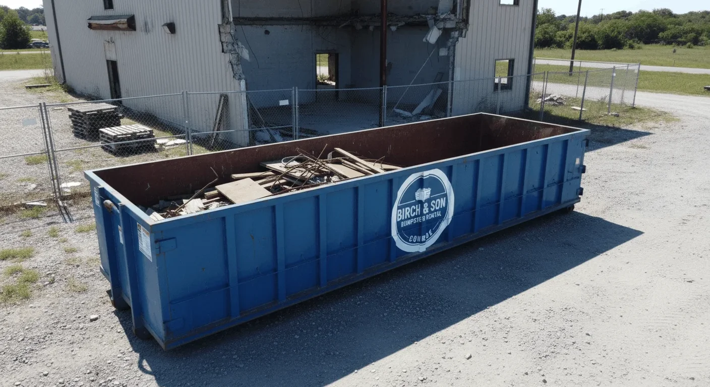 A loaded Birch & Son Dumpster Rental Conroe dumpster delivered for an estate cleanout project on a residential driveway