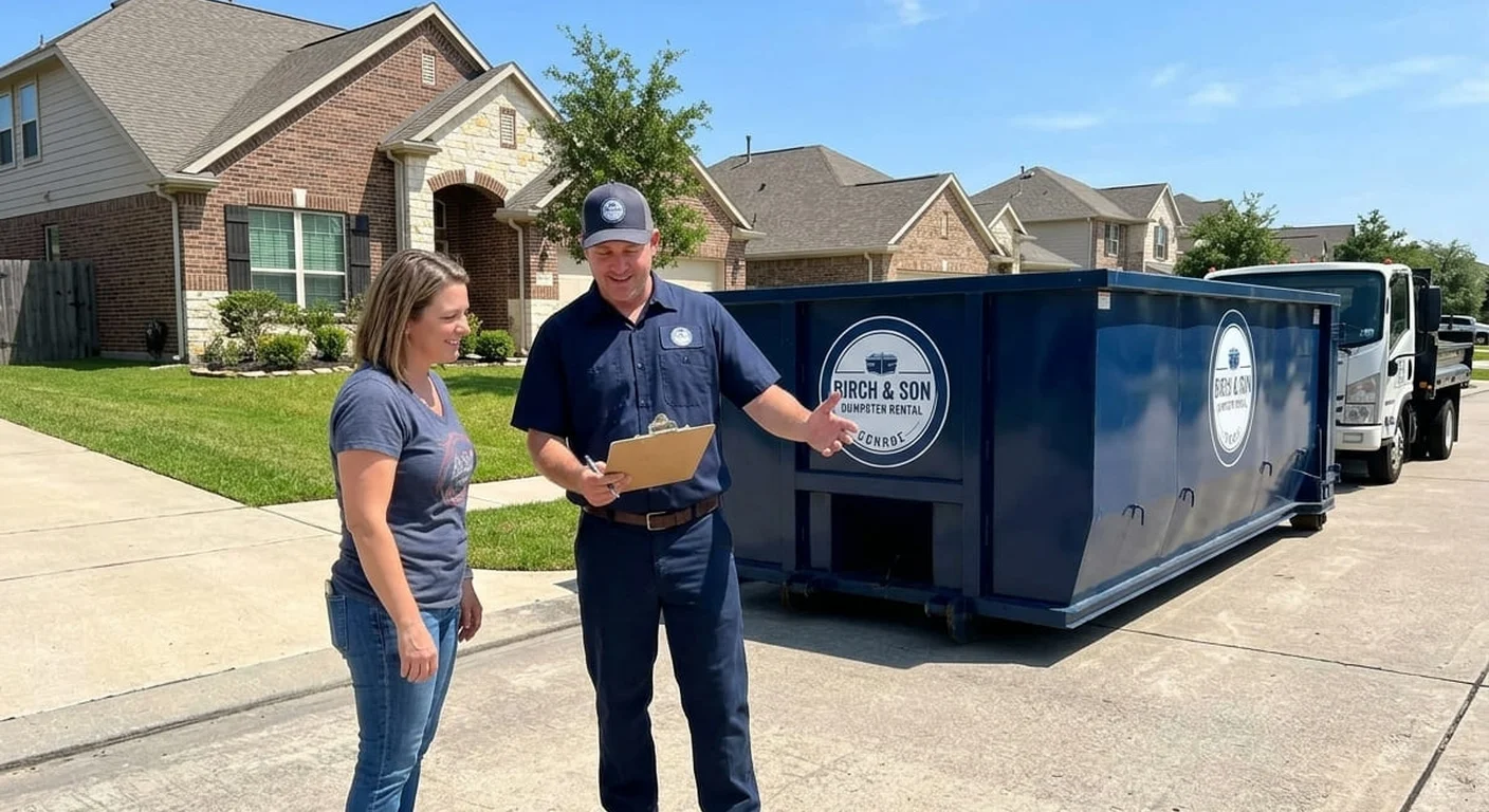 A Birch & Son Dumpster Rental Conroe driver reviewing paperwork with a homeowner beside a delivered dumpster during a junk-removal job
