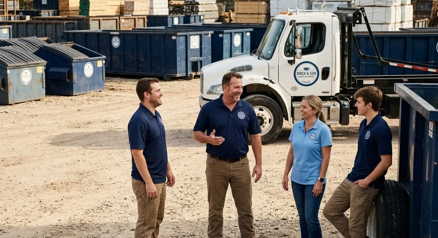 The Birch & Son Dumpster Rental Conroe crew talking together at their company yard, with the branded building sign, containers and delivery trucks visible behind them