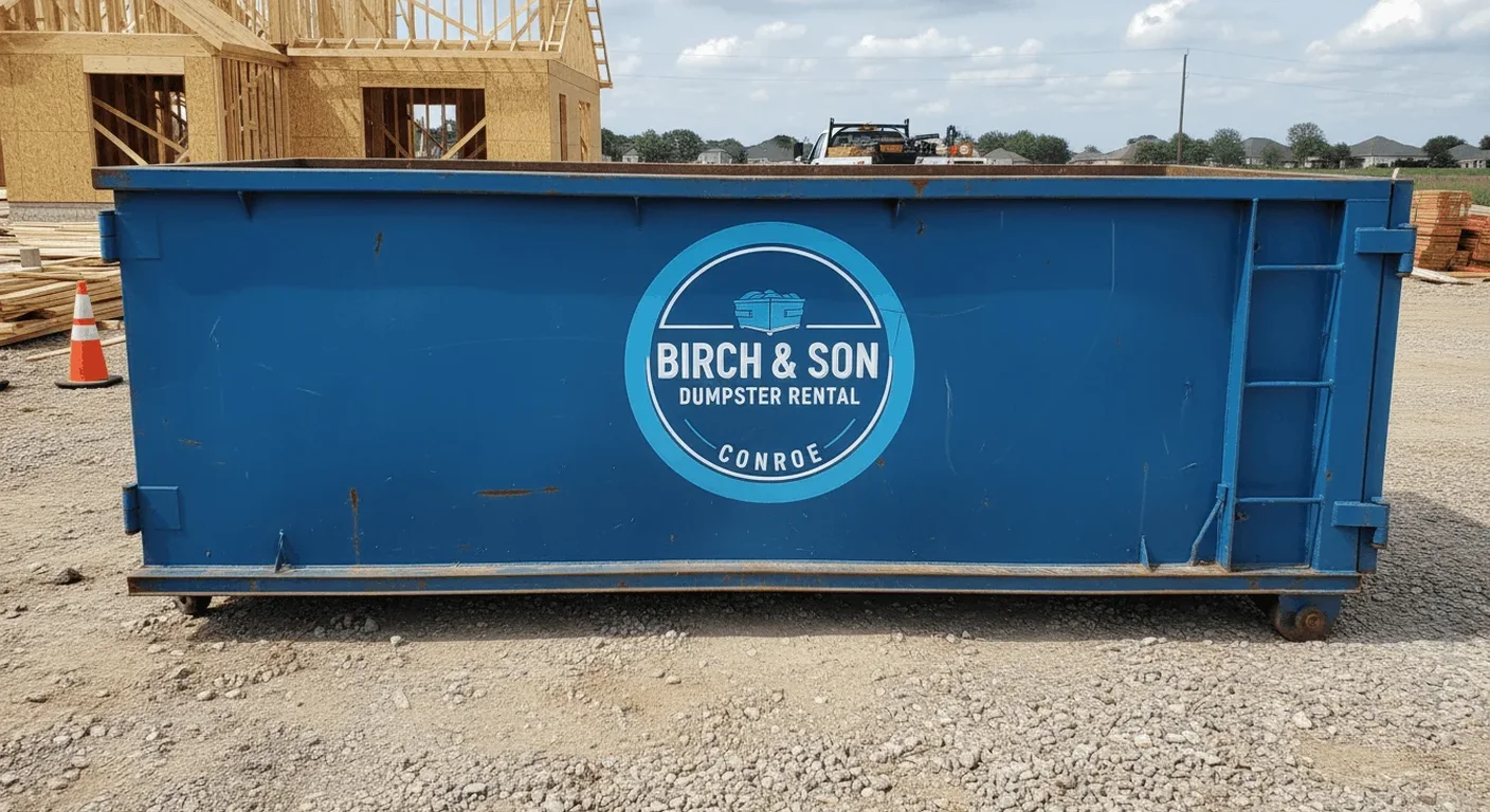 A Birch & Son Dumpster Rental Conroe dumpster delivered to a residential driveway for a home cleanout project