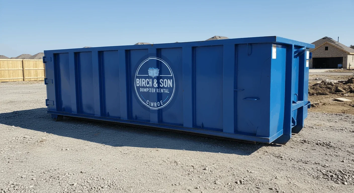 A Birch & Son Dumpster Rental Conroe roll-off dumpster staged and ready for drop-off in Montgomery, TX