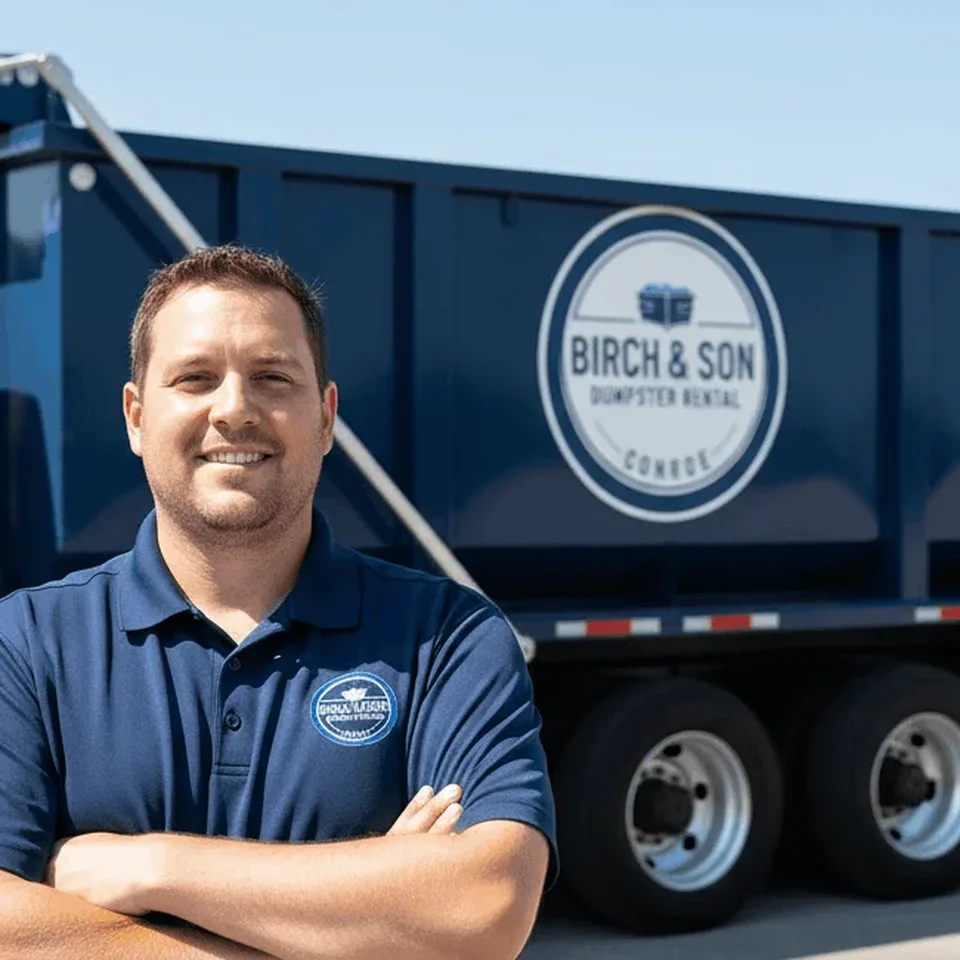 Trevor Boyd, Lead Driver at Birch & Son Dumpster Rental Conroe, standing in front of a company roll-off truck