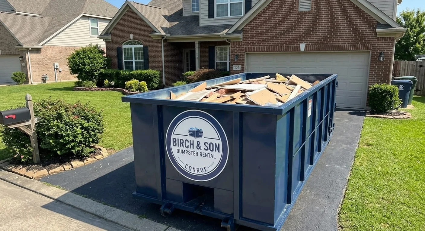 A Birch & Son Dumpster Rental Conroe dumpster staged on a residential driveway, ready for a yard-waste and seasonal cleanup
